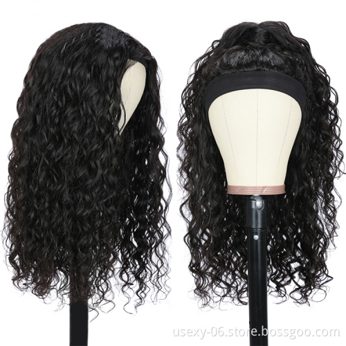 Cheap Water Wave Headband Scarf Wig 10A Brazilian Virgin Non Lace Headband Wig Human Hair Wigs for Black Women